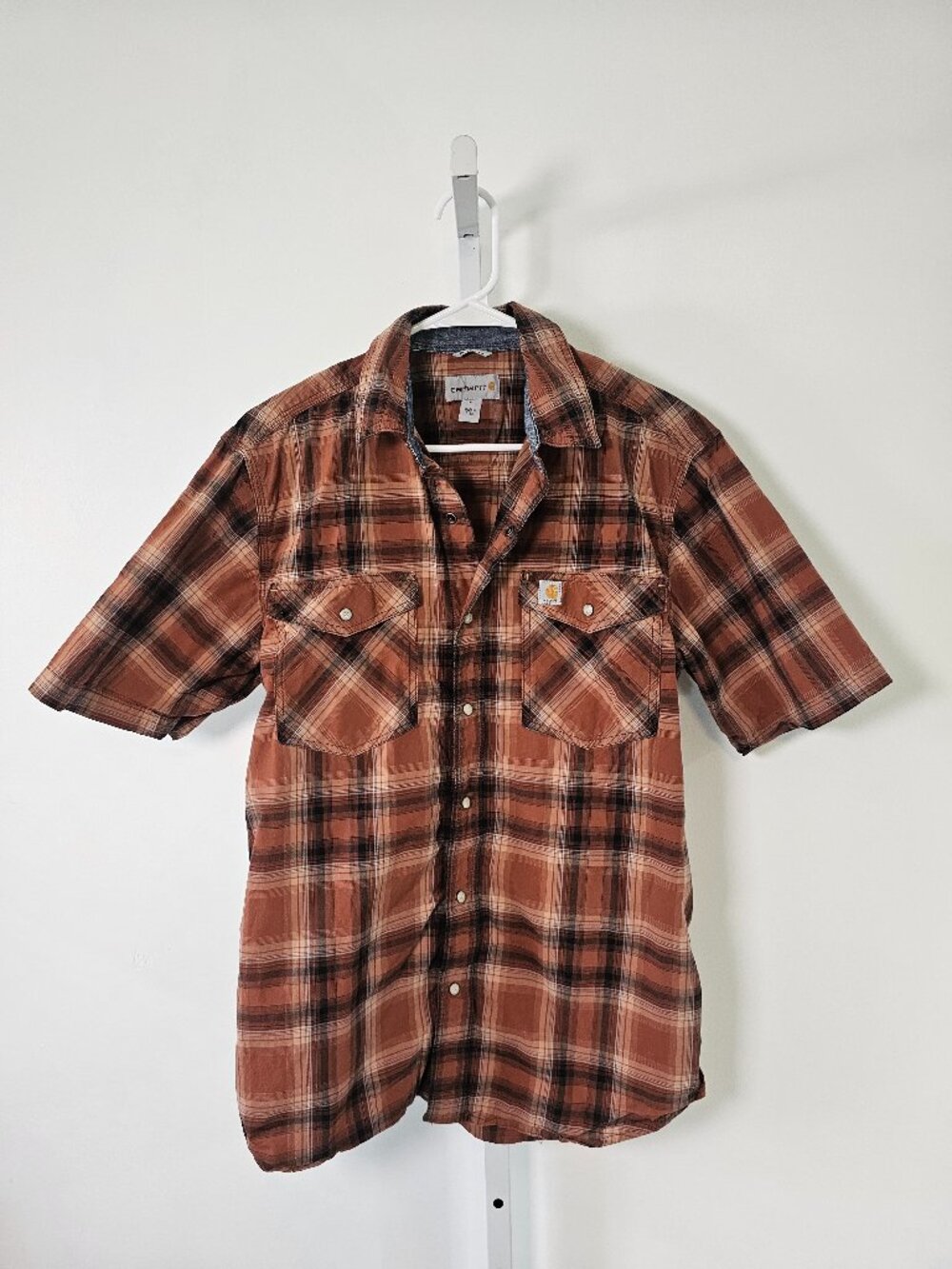 Carhartt Mens Shirt Pearl Snap Plaid Skater Workwear Casual Brown Short Sleeve M